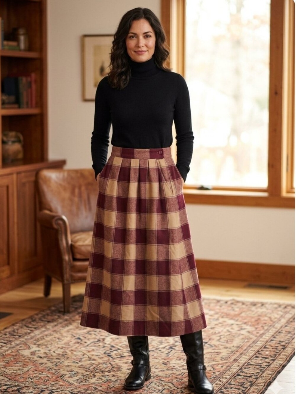 Vintage Miss Pendleton 8 Virgin Wool Plaid Midi Skirt in Burgundy and Cream